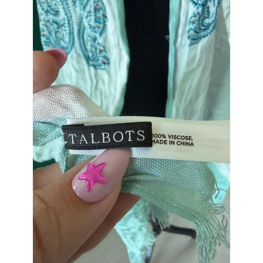 Talbots Mint Green Paisley Viscose Lightweight Wrap Scarf Shawl Frayed Edge
